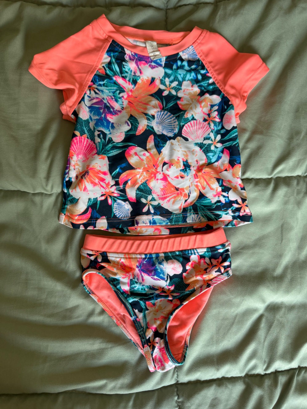 Ideology Girls' Coral Floral Short-Sleeve Two-Piece Swim Set